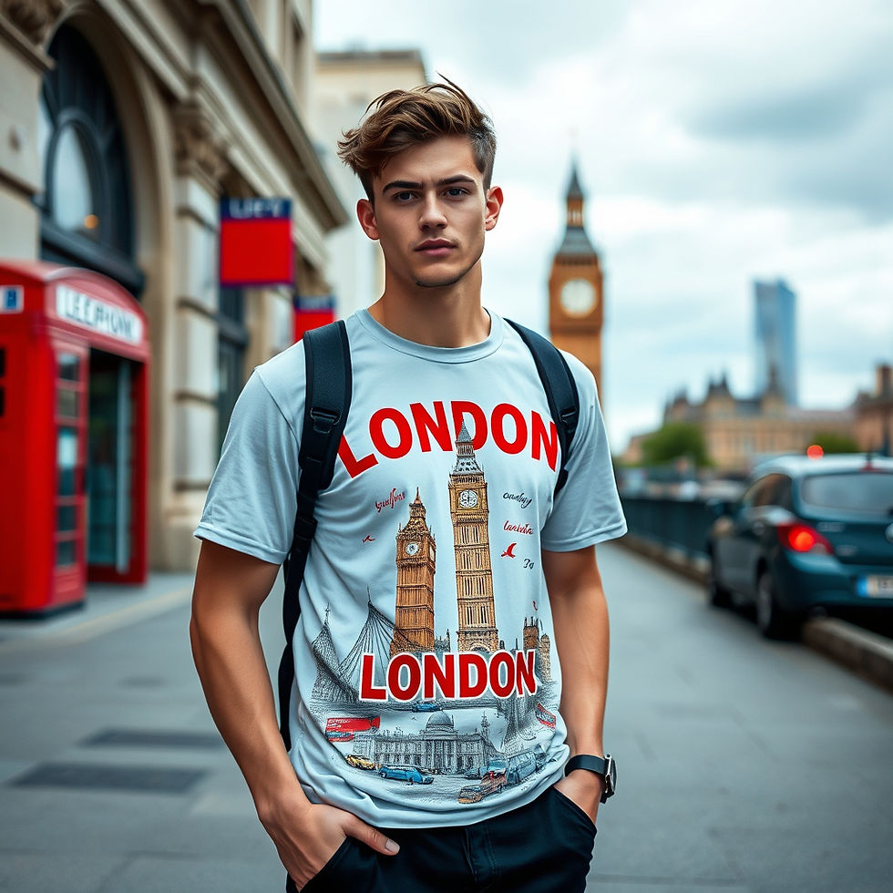 generate a male Model showing wearing london souvenir printed tshirt full length image .jp