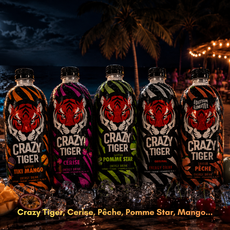 Boissons énergétiques Crazy Tiger, Crazy Tiger cerise, Crazy Tiger pomme, Crazy Tiger pêche, Crazy Tiger mango disponibles en livraison de nuit à Fréjus, Fréjus-Plage, Saint-Raphaël - V.i.p Night Service