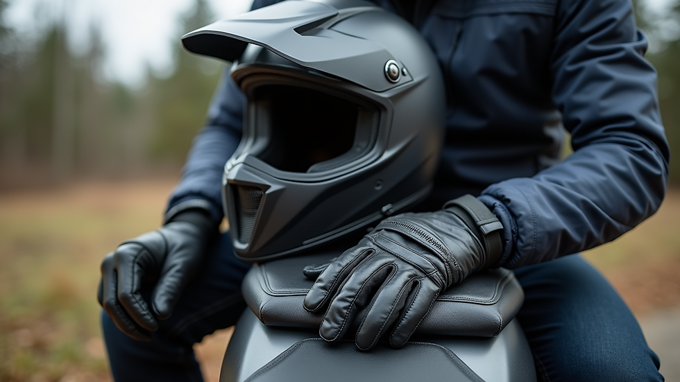 Close-up view of waterproof motorcycle gloves and helmet on a bike seat