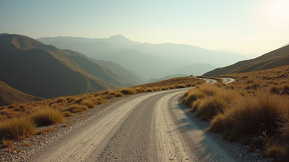 Wide angle view of a winding gravel road through lush green hills