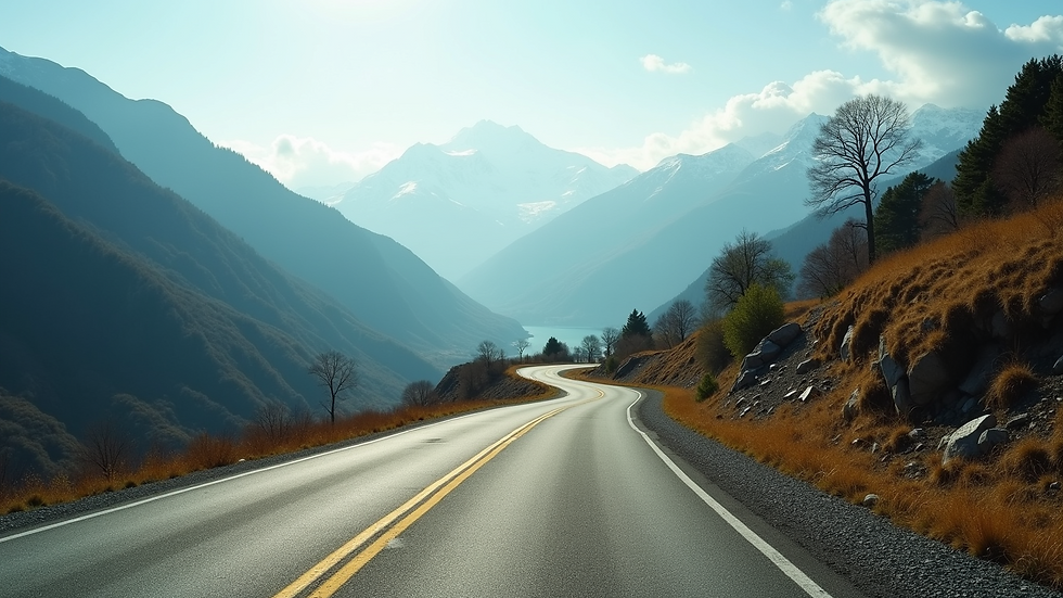 Eye-level view of a winding road with mountains in the background