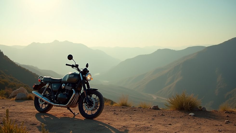 High angle view of a motorcycle parked near a scenic viewpoint in New Zealand