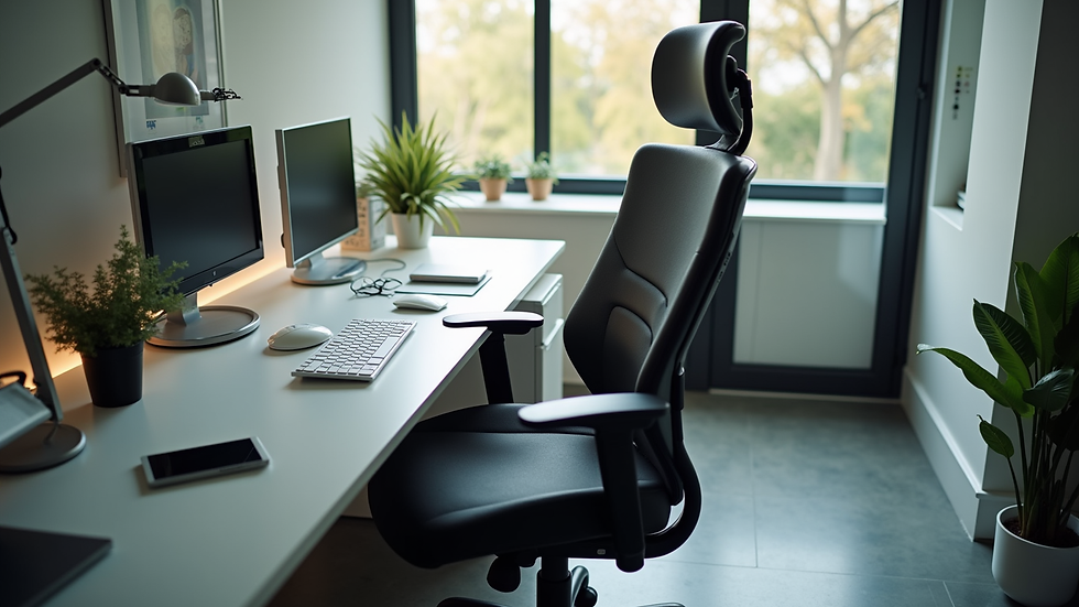 High angle view of a workspace with ergonomic chair and posture correction tools