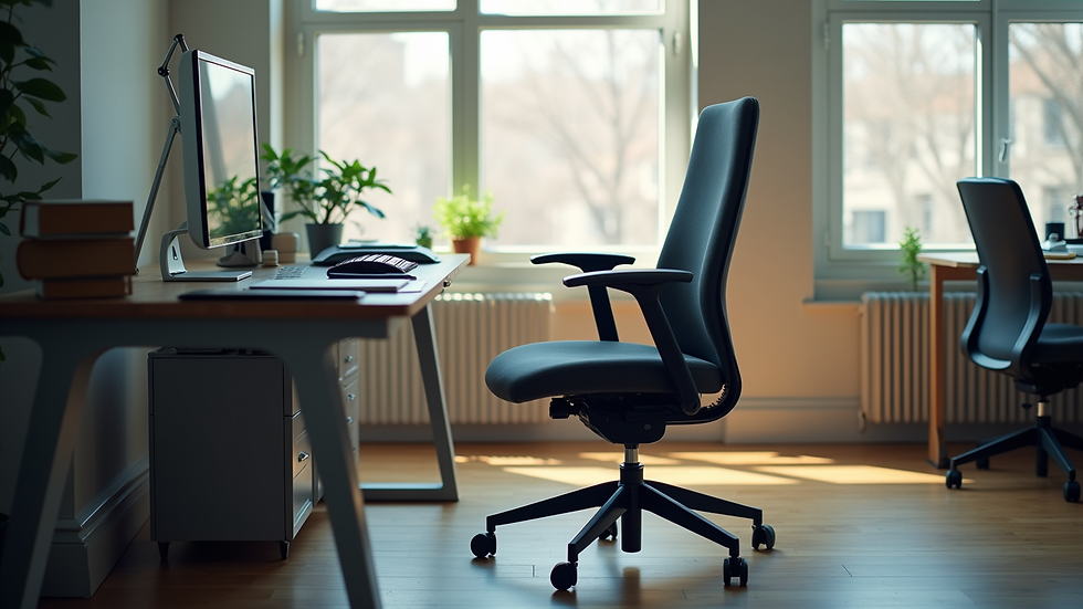 Eye-level view of ergonomic office chair and desk setup