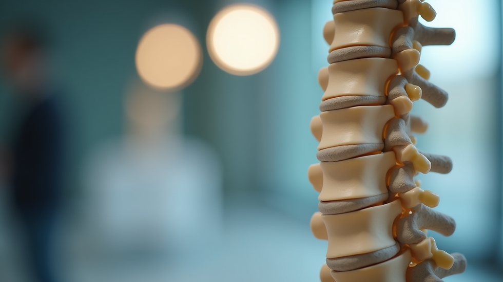 Close-up view of lumbar spine model highlighting vertebrae and discs