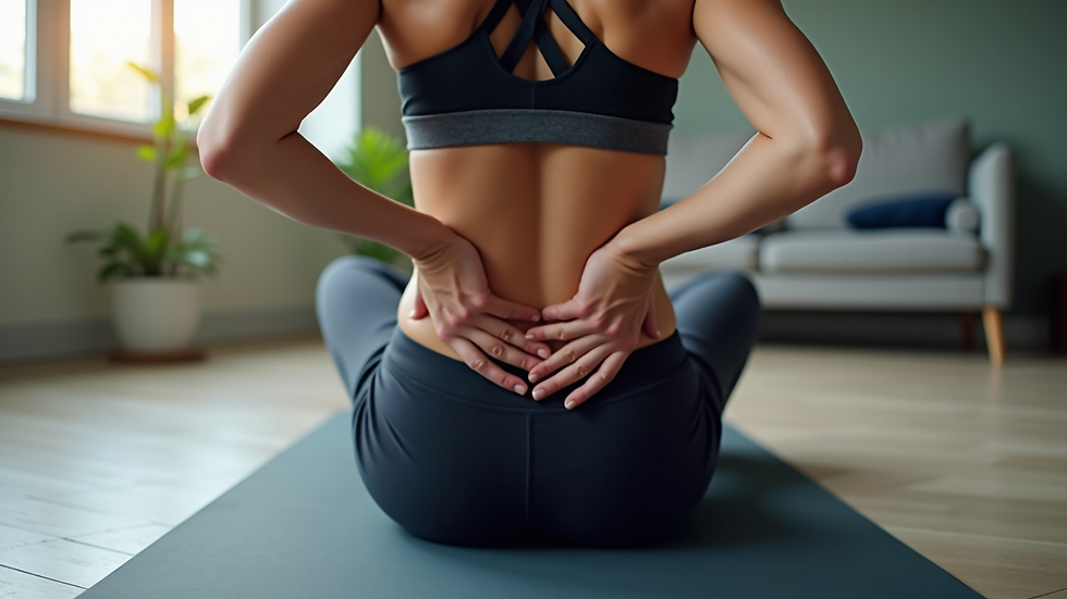 Close-up view of a person performing lumbar stabilization exercise on a mat