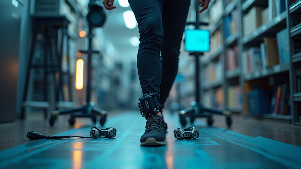 Close-up view of a biomechanical analysis setup with sensors on a person's leg