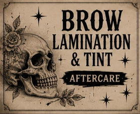Vintage tattoo-inspired Brow Lamination & Tint Aftercare graphic featuring a decorative skull with roses and bold editorial typography.