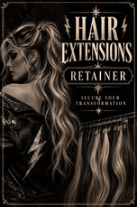 Vintage tattoo-inspired Hair Extensions retainer graphic featuring premium hair extensions, an editorial portrait, and bold typography for appointment booking.