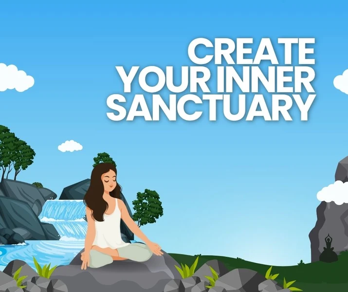 “Woman in lotus pose by a waterfall representing yoga nidra and inner sanctuary practice.