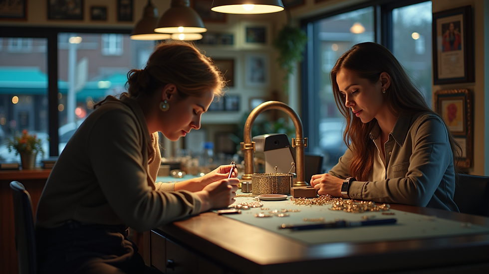 High angle view of a jewelry store counter with repair tools and a customer consultation