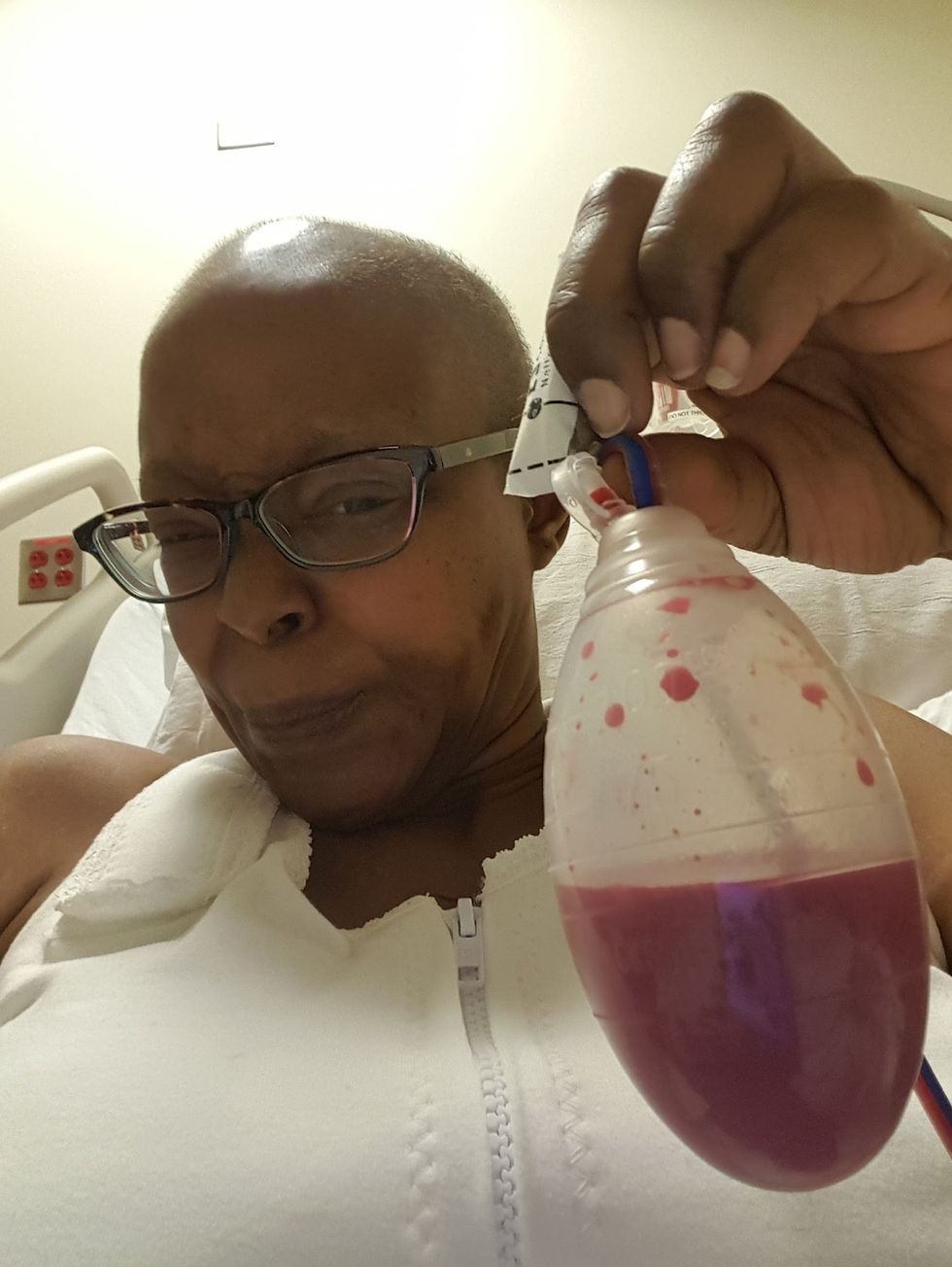 bald, breast cancer survivor, drain, mastectomy, hospital bed