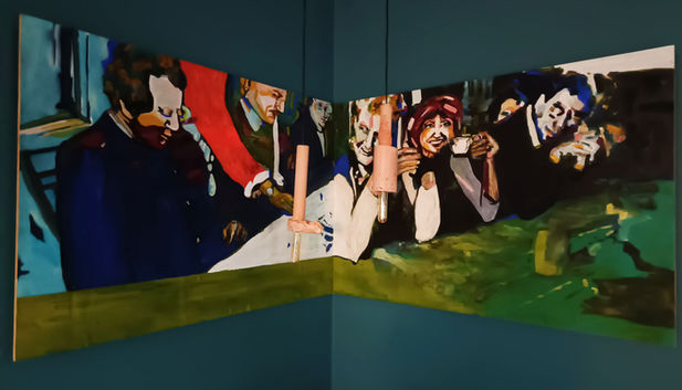 Acryl, Glow in the dark paint, gouache, bister, ink on wood
2x (121,5 x 80,5 cm)