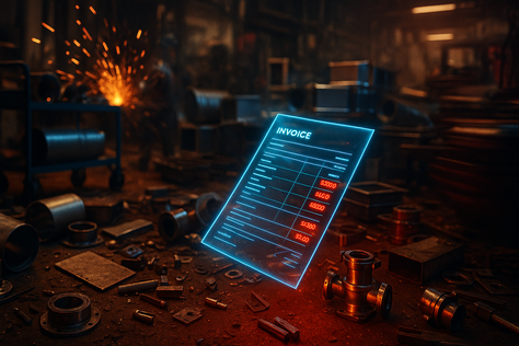 Glowing holographic invoice with red overcharge alerts in a mechanical fabrication shop filled with duct sections and fittings, highlighting December change-order risk.