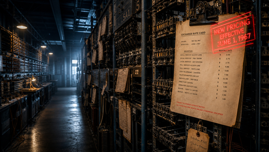 Analog exchange room with patch panels and a red-tagged pricing sheet, symbolizing invoice pricing errors hidden in workflow handoffs.