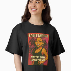 Sagittarius zodiac girl boxy t-shirt featuring a bold pop-art illustration with fiery retro tones. Relaxed fit and bright design made for astrology lovers with adventurous energy. ♐✨