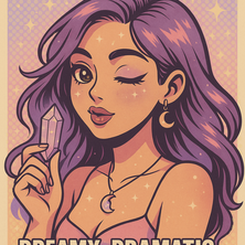 A dreamy purple-haired girl with gold jewelry gives a flirty wink, holding a heart-shaped lollipop. Surrounded by soft sparkles and pastel stars, she embodies the emotional, romantic spirit of a true Pisces.