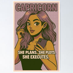 Capricorn zodiac girl poster featuring a striking pop-art illustration with strong, confident energy — ideal wall art for go-getters and astrology fans. ♑💫