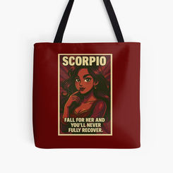 Scorpio girl pop-art design printed across entire tote bag, dramatic colours and zodiac symbol detail.