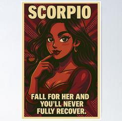 Pop-art Scorpio girl with dark flowing hair and seductive expression, red roses and bold zodiac theme.