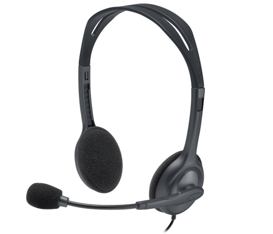 Logitech H111 headset close‑up showing rotating boom microphone
