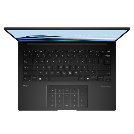 Thumbnail: ASUS ZenBook 14 OLED UM3406H-AQD012WSM open, showing full keyboard and vivid OLED display in Jade Black.