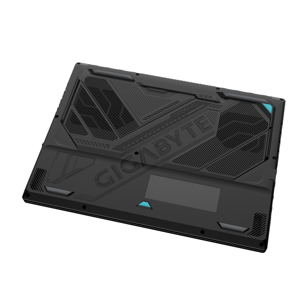 Thumbnail: Rear angle of the GIGABYTE A16 highlighting its cooling vents and durable hinge.