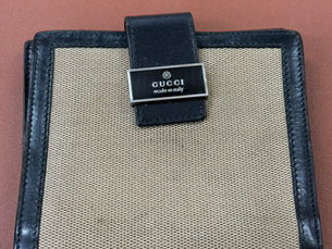 GUCCI グッチ ヴィンテージ ベージュ 黒 シルバー金具 GGキャンバス レザー 折り財布 コンパクトウォレット