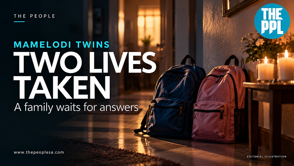 The People editorial illustration: two school bags and two candles accompany “Mamelodi twins: Two lives taken”. The scene is symbolic.