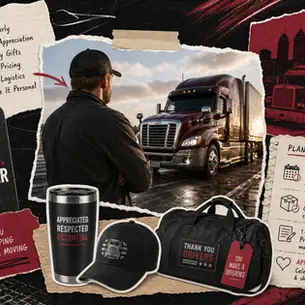 Collage promoting truck driver appreciation: driver facing semi, checklist, timeline notes, and branded gifts on dark background.