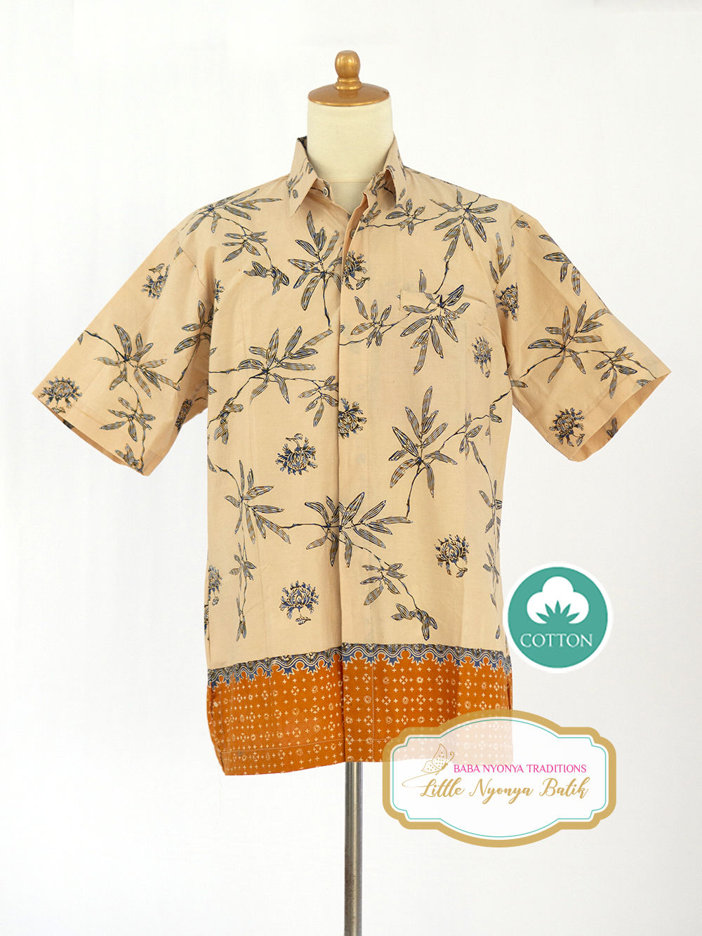 SBMS: size XL Blue Flower Cream on Cotton. No lining