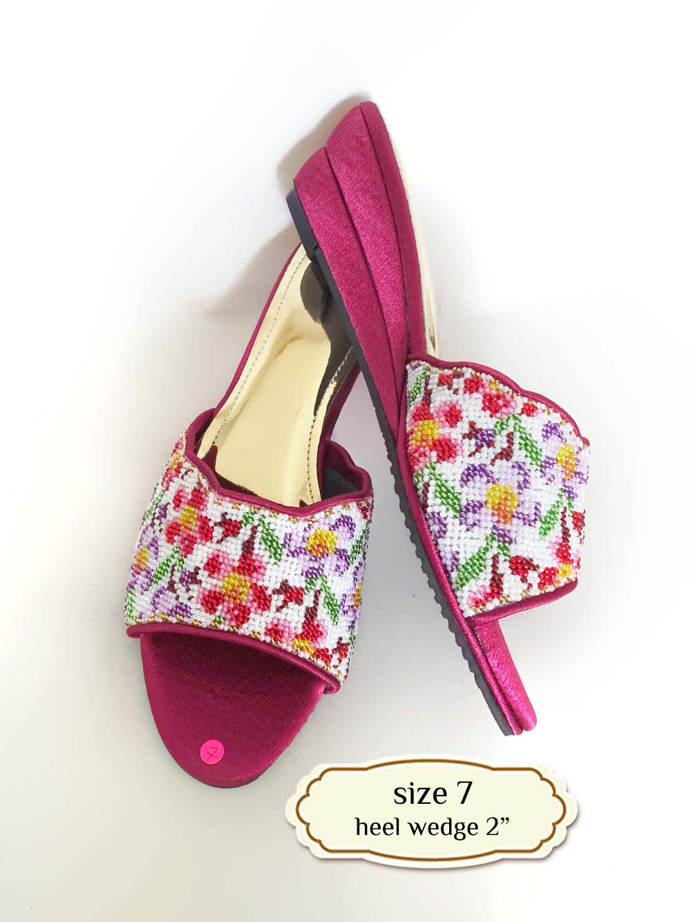 Flowers on White Beaded Shoe. Size 7 / Eur 38 / 24.5cm