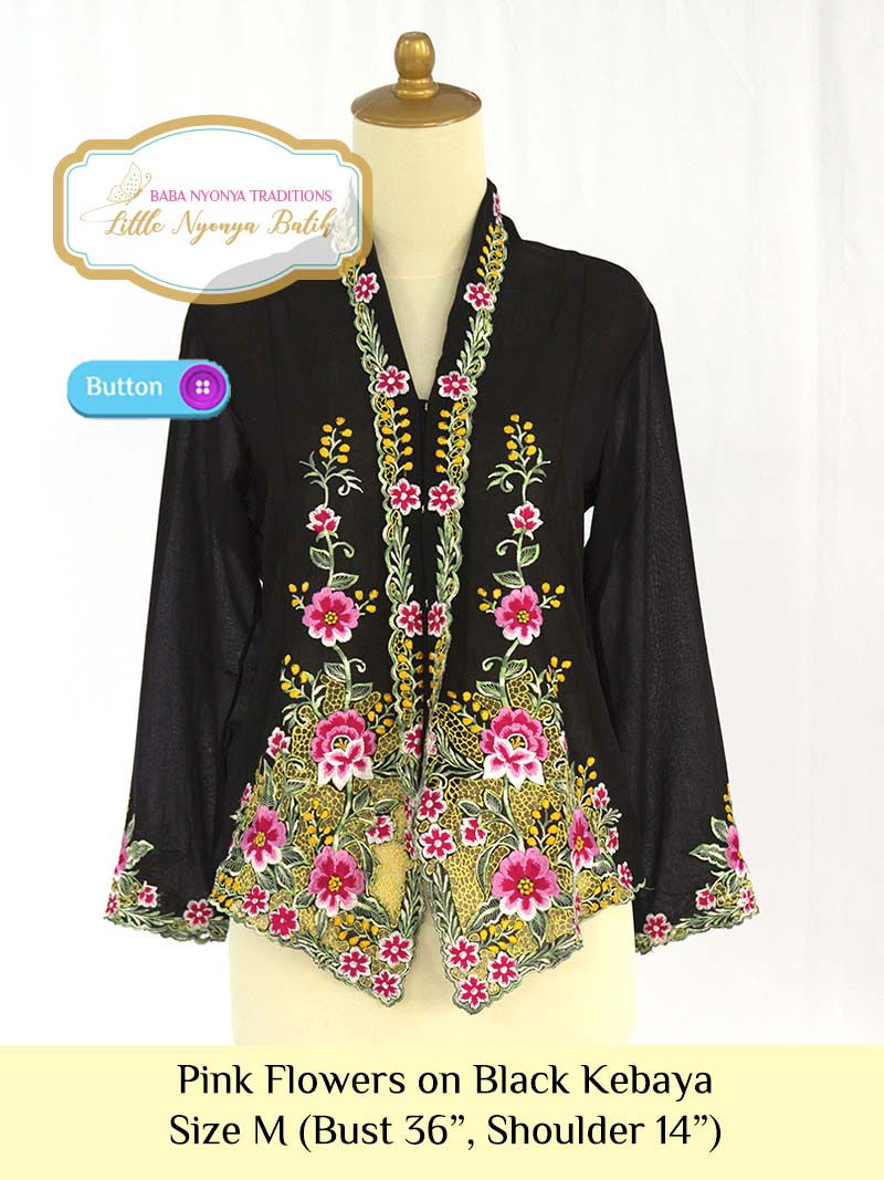 Size M: Pink Flowers on Black Kebaya