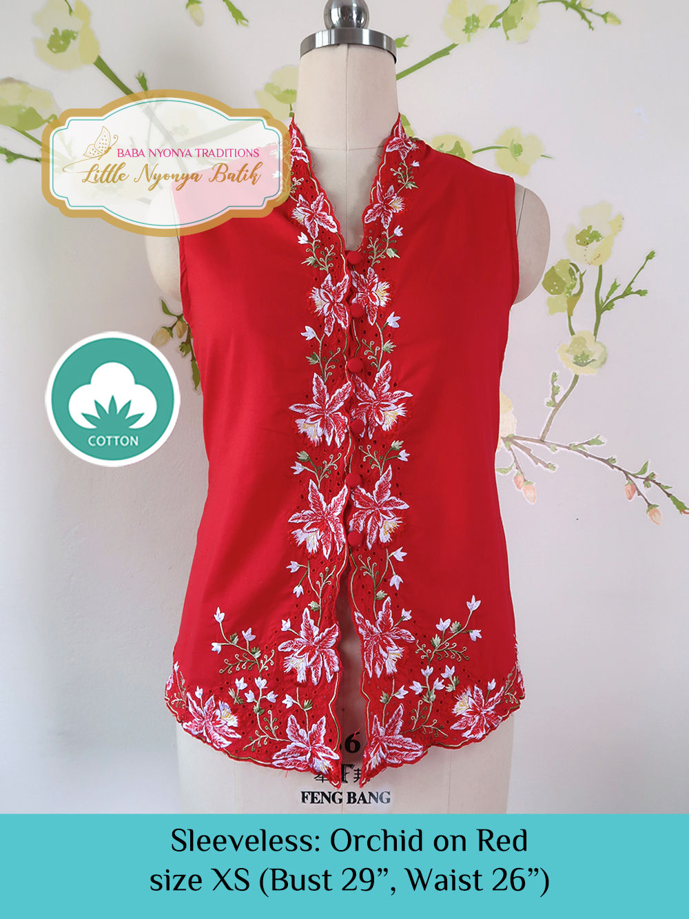 Size XS Sleeveless Kebaya Cotton: Orchid on Red