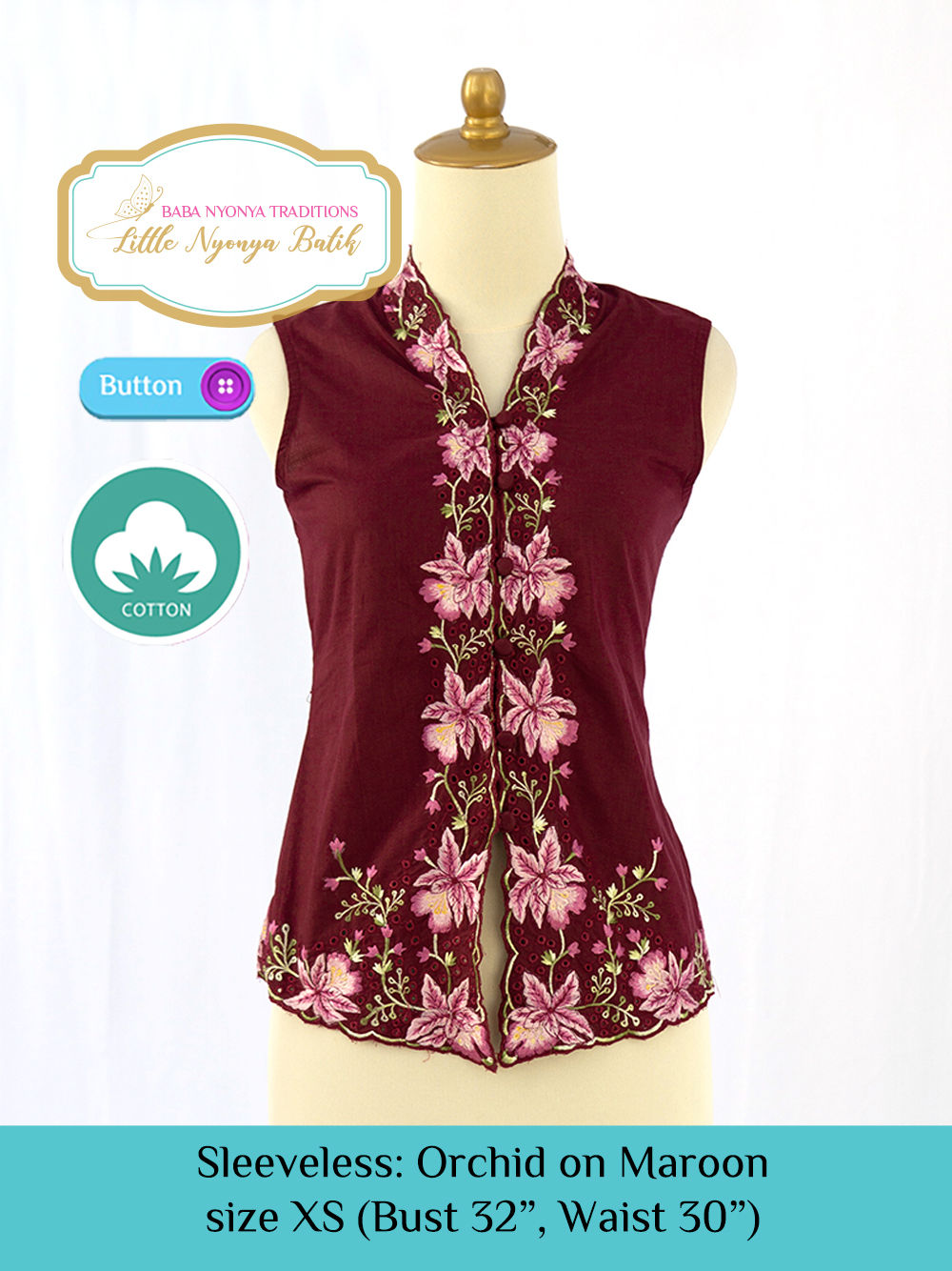Size XS Sleeveless Kebaya Cotton: Orchid on Maroon