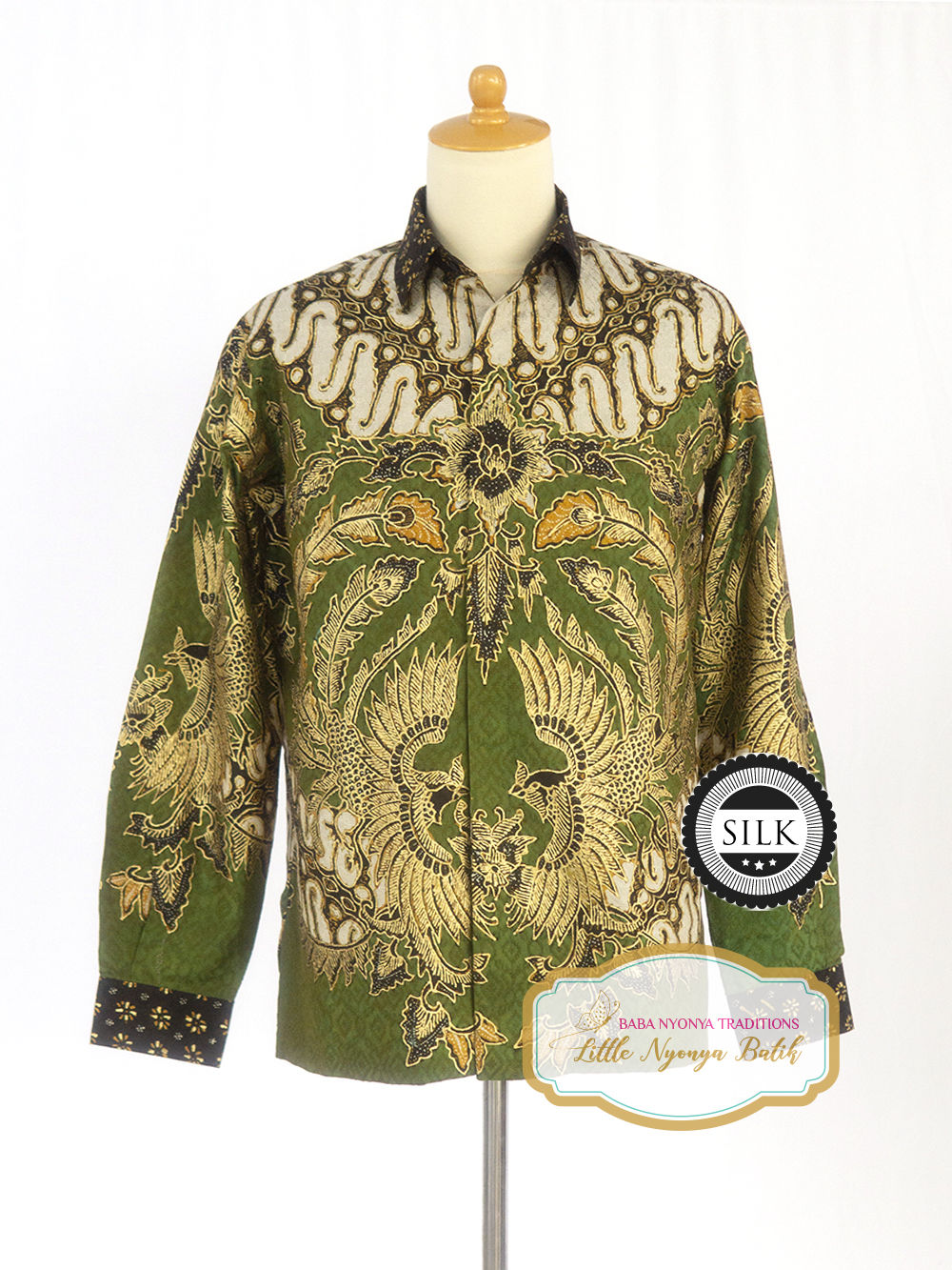 HDML:Size M Hand-drawn Long Shirt Bird Green Gold on Textured silk.Lining