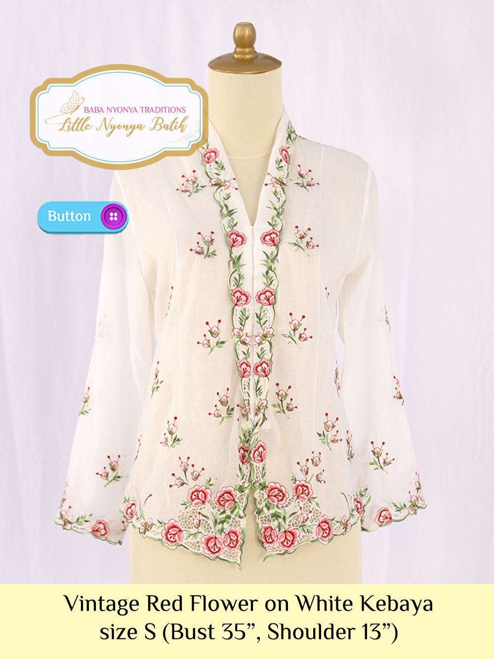 Size S: Vintage Red Flower on White Kebaya
