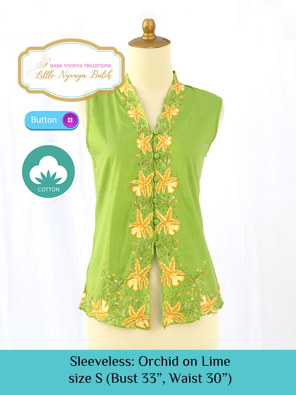 Size S Sleeveless Kebaya Cotton: Orchid on Lime
