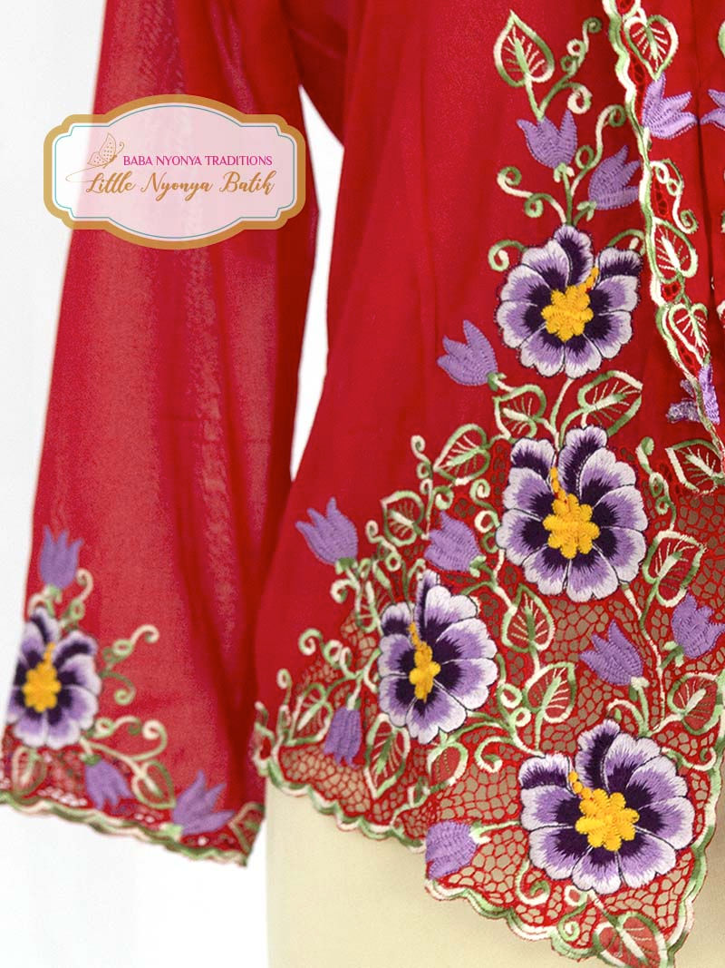 Thumbnail: Size L: Purple Flowers on Red Kebaya
