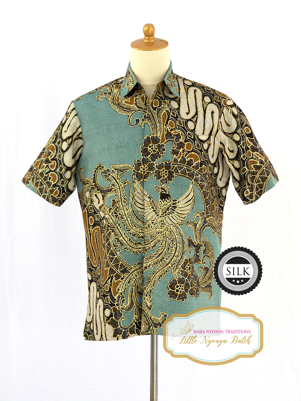 HDMS: Size M Hand-drawn Birds Phoenix Mint Gold on Textured Silk. Lining