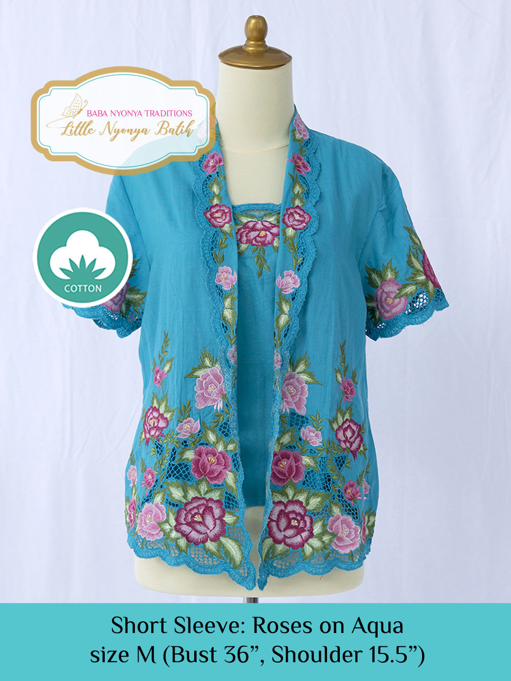 Size M Short Sleeve Kebaya with Camisole Roses on Aqua