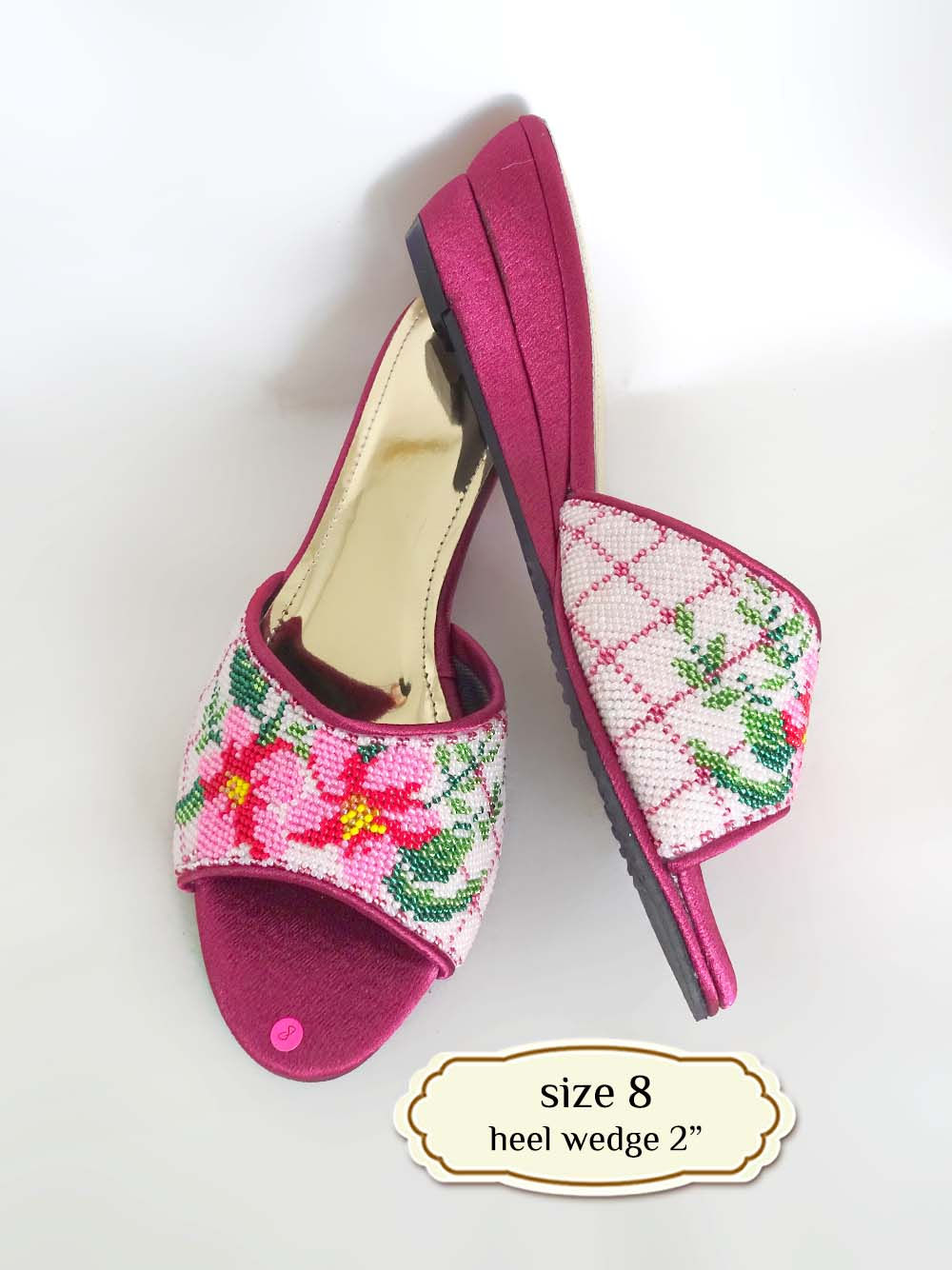 Pink Flowers on Pale Pink Beaded Shoe. Size 8 / Eur 39 / 25cm