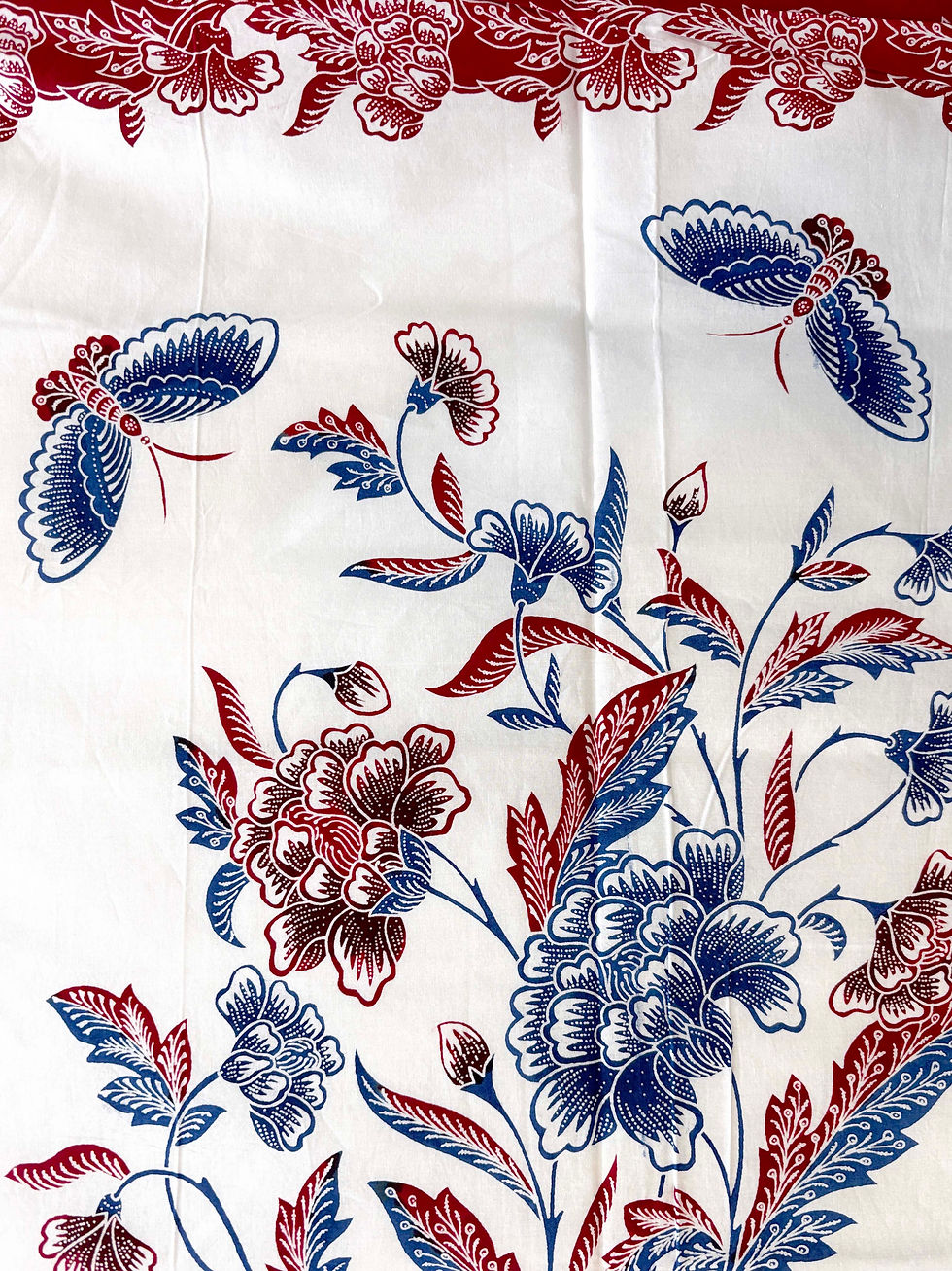 Thumbnail: Sarong Blue Red Butterfly Peonies on White Cotton