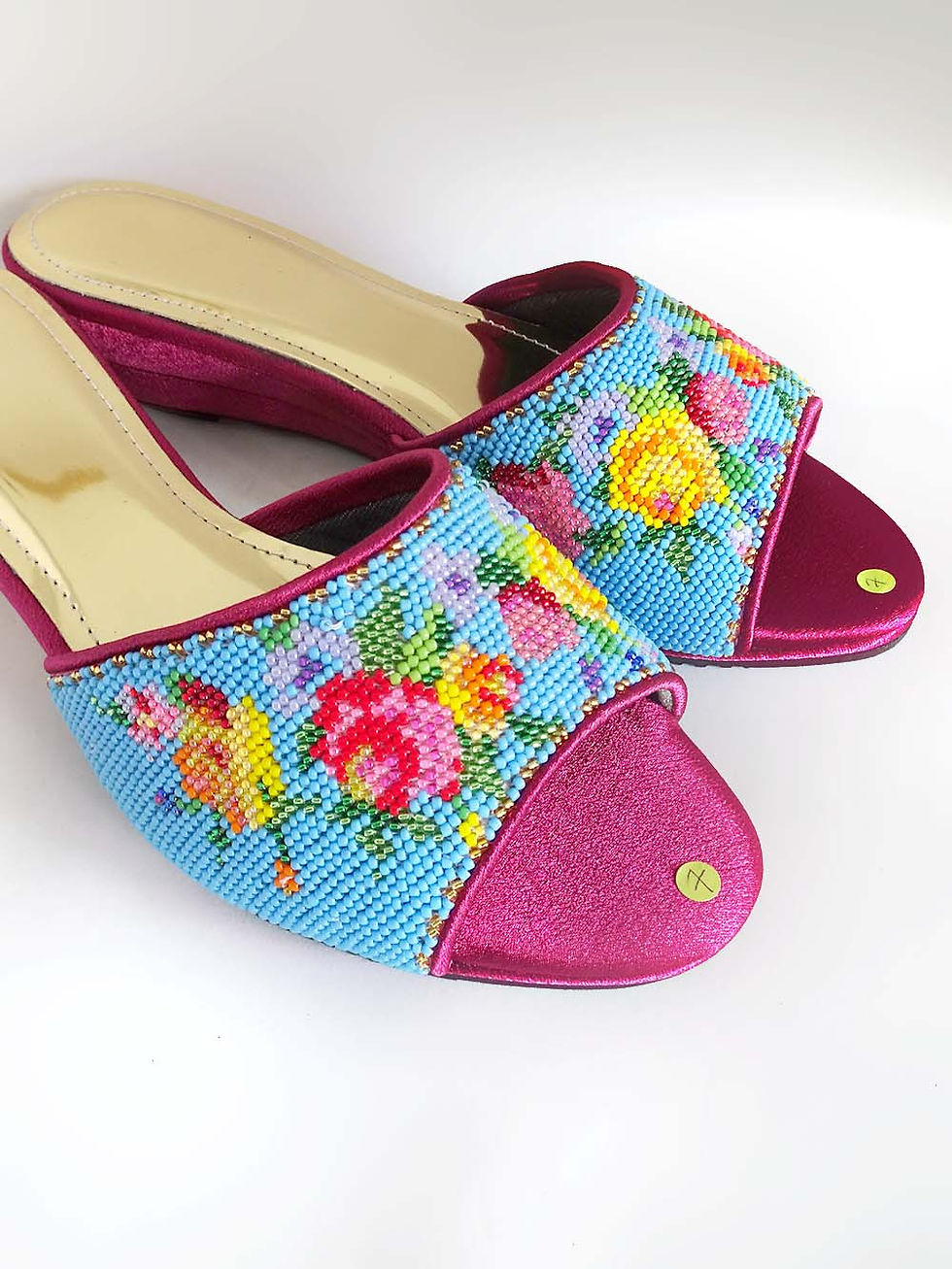 Thumbnail: Peonies on Blue Beaded Shoe. Size 7 / Eur 38 / 24.5cm