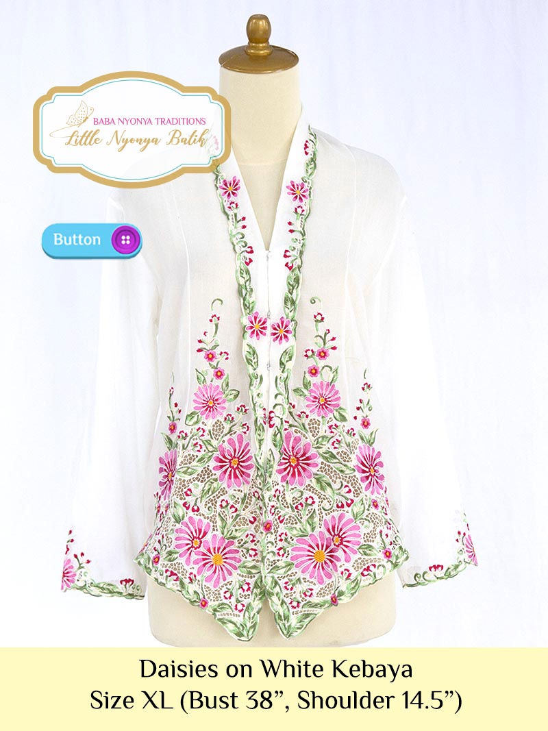 Size XL: Pink Daisies on White Kebaya