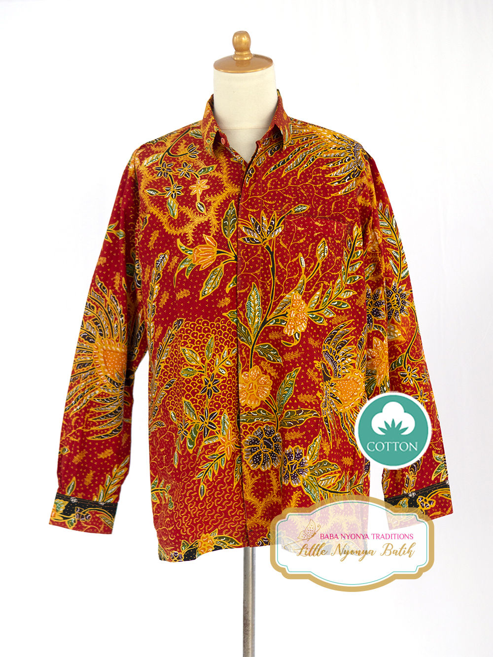 HDML: Size S Hand-drawn Long Shirt Bird Red on Cotton.