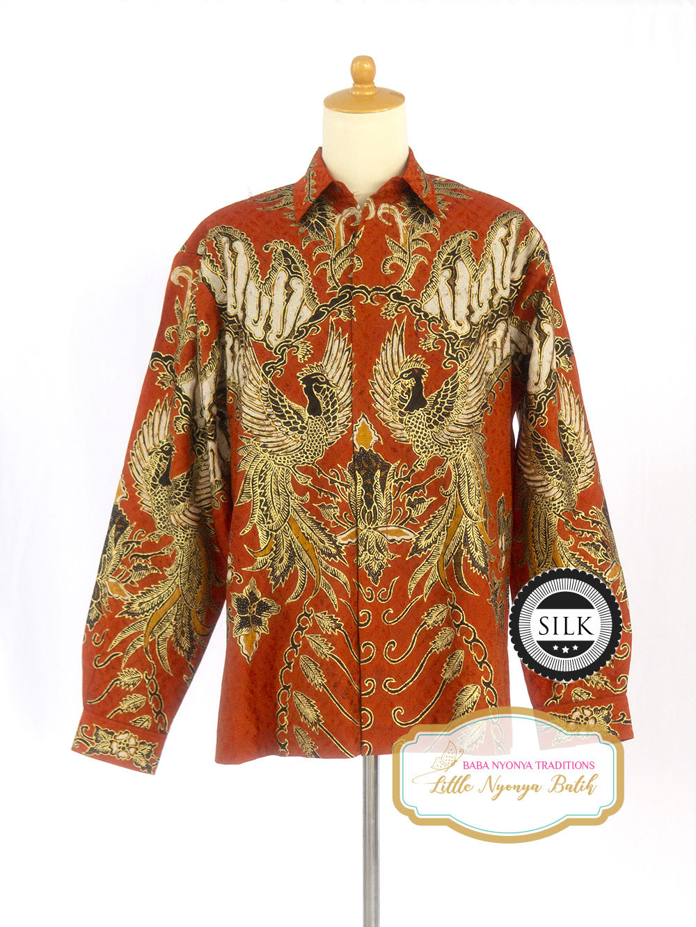 HDML: Size XL Hand-drawn Shirt Bird Orange Gold on Textured silk. Lining