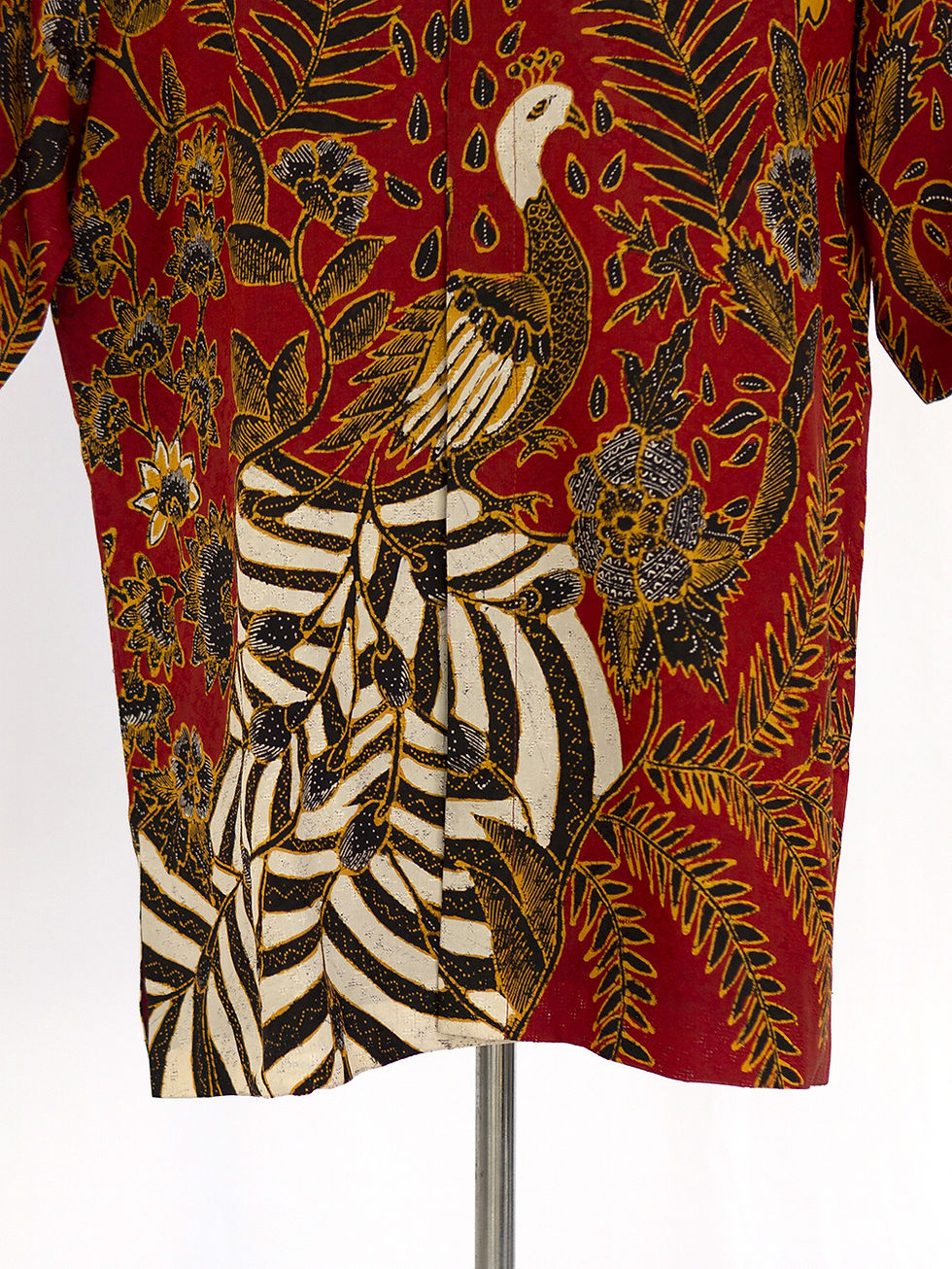 Thumbnail: HDMS: Size XL Hand-drawn Peacock on Dark Red, textured silk. Lining
