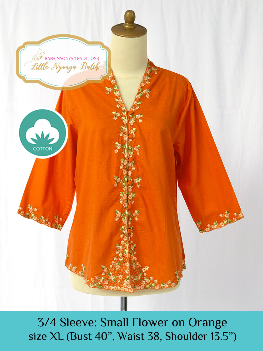 Size XL 3/4 Sleeve Kebaya Cotton: Small Flower on Orange