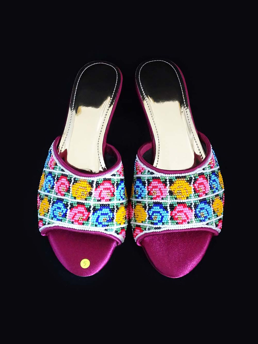 Thumbnail: Geometric Peonies on Black Beaded Shoe. Size 5 / Eur 36 / 23.5cm
